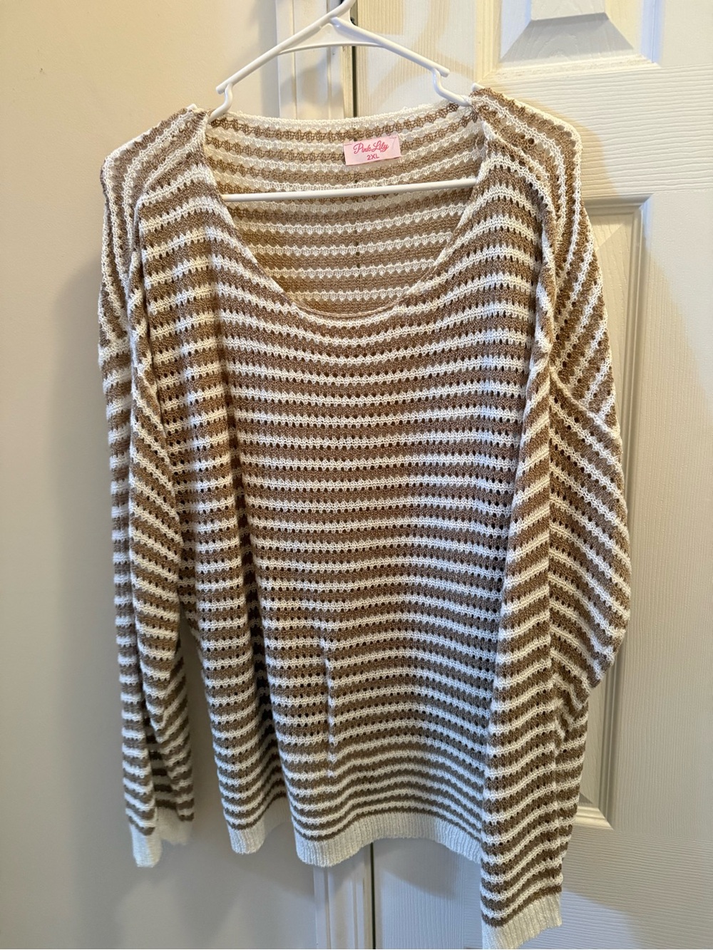 Pink Lily Cream & Tan Striped Open-Knit Scoop Neck Sweater
